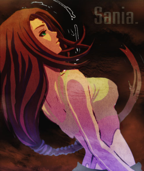 ike ko, sania, sania (arc the lad), arc the lad, arc the lad ii, 1girl, back, brown hair, camisole, character name, crop top, facial mark, female focus, green eyes, long hair, low-tied long hair, midriff, ponytail, solo, very long hair