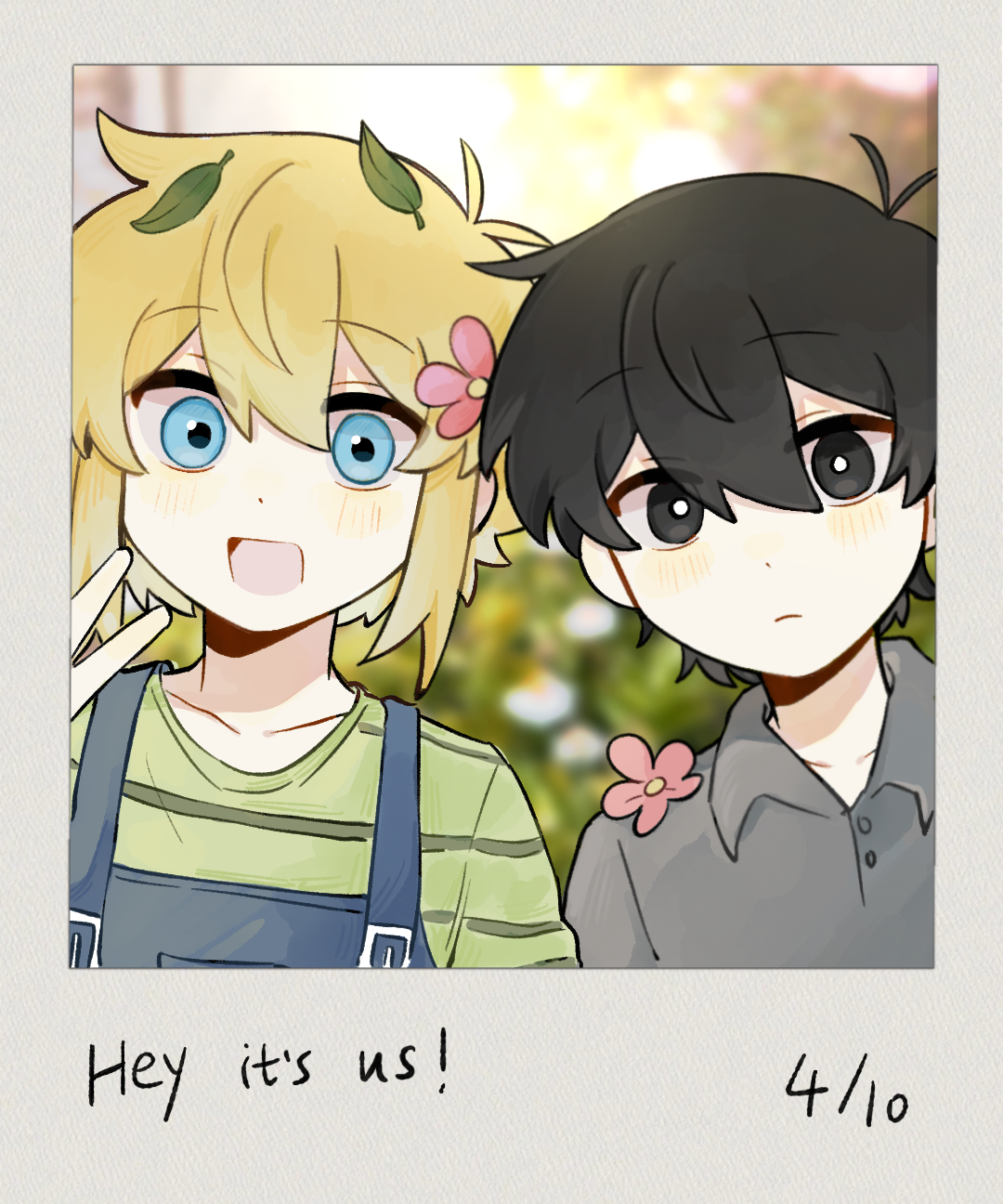gongs0313, basil (faraway) (omori), basil (omori), sunny (omori), omori, highres, 2boys, :d, antenna hair, black eyes, black hair, blonde hair, blue eyes, blue overalls, blush, bright pupils, closed mouth, collarbone, collared shirt, double-parted bangs, expressionless, flower, green shirt, grey shirt, hair between eyes, hair flower, hair ornament, leaf, looking at viewer, male focus, multiple boys, open mouth, overalls, shirt, short hair, simple background, smile, striped clothes, striped shirt, v, white pupils