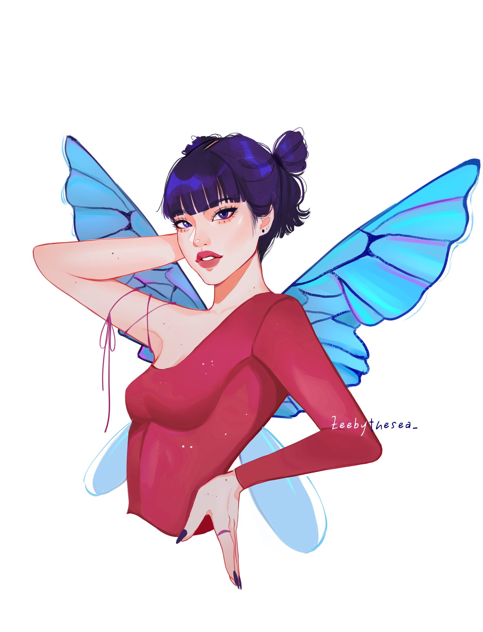 zeebythesea, musa (winx club), winx club, highres, 1girl, arm behind head, artist name, asian, asymmetrical shirt, black hair, blue wings, breasts, choppy bangs, cropped torso, double bun, earrings, eyelashes, fairy, fairy wings, fingernails, flipped hair, folded hair, hair bun, hand on own hip, jewelry, light particles, long fingernails, long sleeves, looking at viewer, medium breasts, mole, mole on breast, mole on hand, mole on neck, nail polish, parted lips, purple eyes, purple nails, red shirt, redesign, ring, shirt, short hair, single sleeve, stud earrings, thick eyebrows, thick lips, tight clothes, tight shirt, upper body, white background, wings
