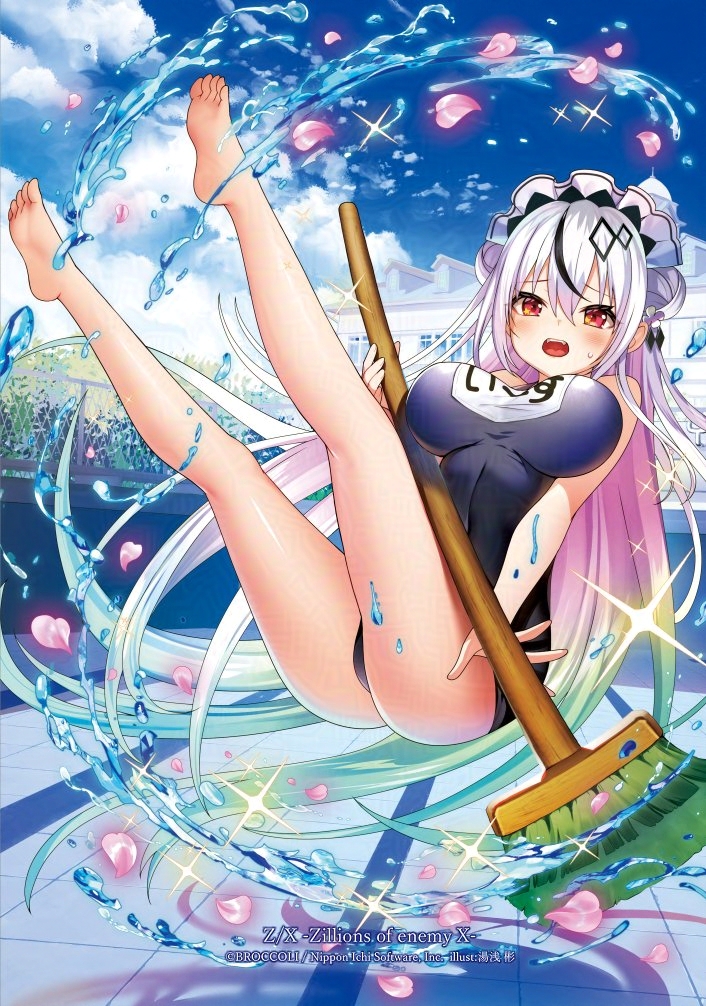 yuasa akira, z/x, official art, 1girl, aqua hair, barefoot, black hair, blue sky, breasts, cleaning pool, cloud, cloudy sky, double bun, empty pool, hair bun, hair ornament, halo, holding, holding mop, large breasts, long hair, maid headdress, mop, name tag, open mouth, outdoors, pink halo, pink petals, pool, red eyes, school swimsuit, sky, slipping, soles, solo, sparkle, splashing, sweatdrop, swimsuit, teeth, upper teeth only, very long hair, white hair, yith (z/x)