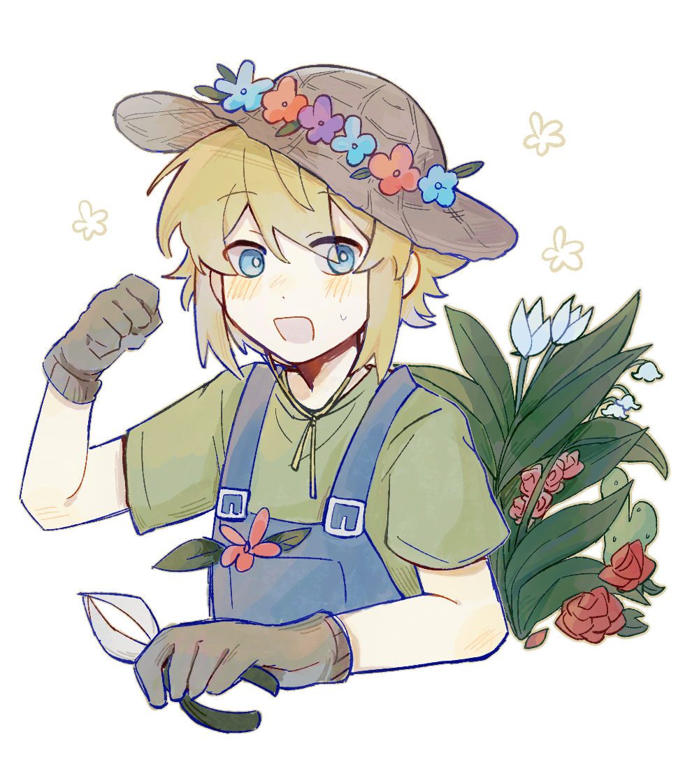 gongs0313, basil (faraway) (omori), basil (omori), omori, 1boy, :d, blonde hair, blue flower, blue overalls, blush, bright pupils, brown hat, cactus, clenched hand, cropped torso, dot nose, double-parted bangs, flower, flower wreath, gardening shears, gloves, green shirt, grey gloves, hair between eyes, hand up, hat, head wreath, holding, leaf, lily of the valley, male focus, open mouth, outline, overalls, purple flower, red flower, red rose, rose, shears, shirt, short hair, short sleeves, simple background, smile, solo, sweatdrop, t-shirt, tulip, white background, white flower, white pupils, white tulip, yellow outline