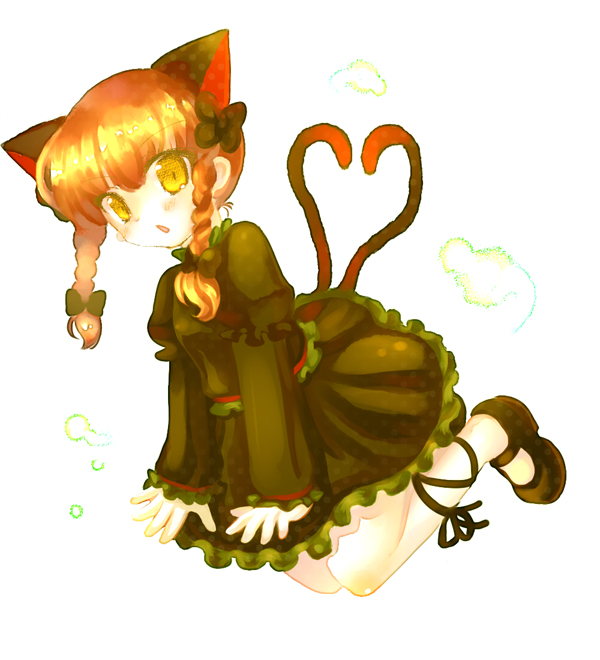 23, 23 (candy chapus), kaenbyou rin, touhou, 1girl, animal ears, braid, cat ears, cat girl, cat tail, dress, female focus, heart, heart tail, multiple tails, orange hair, solo, tail, twin braids, yellow eyes
