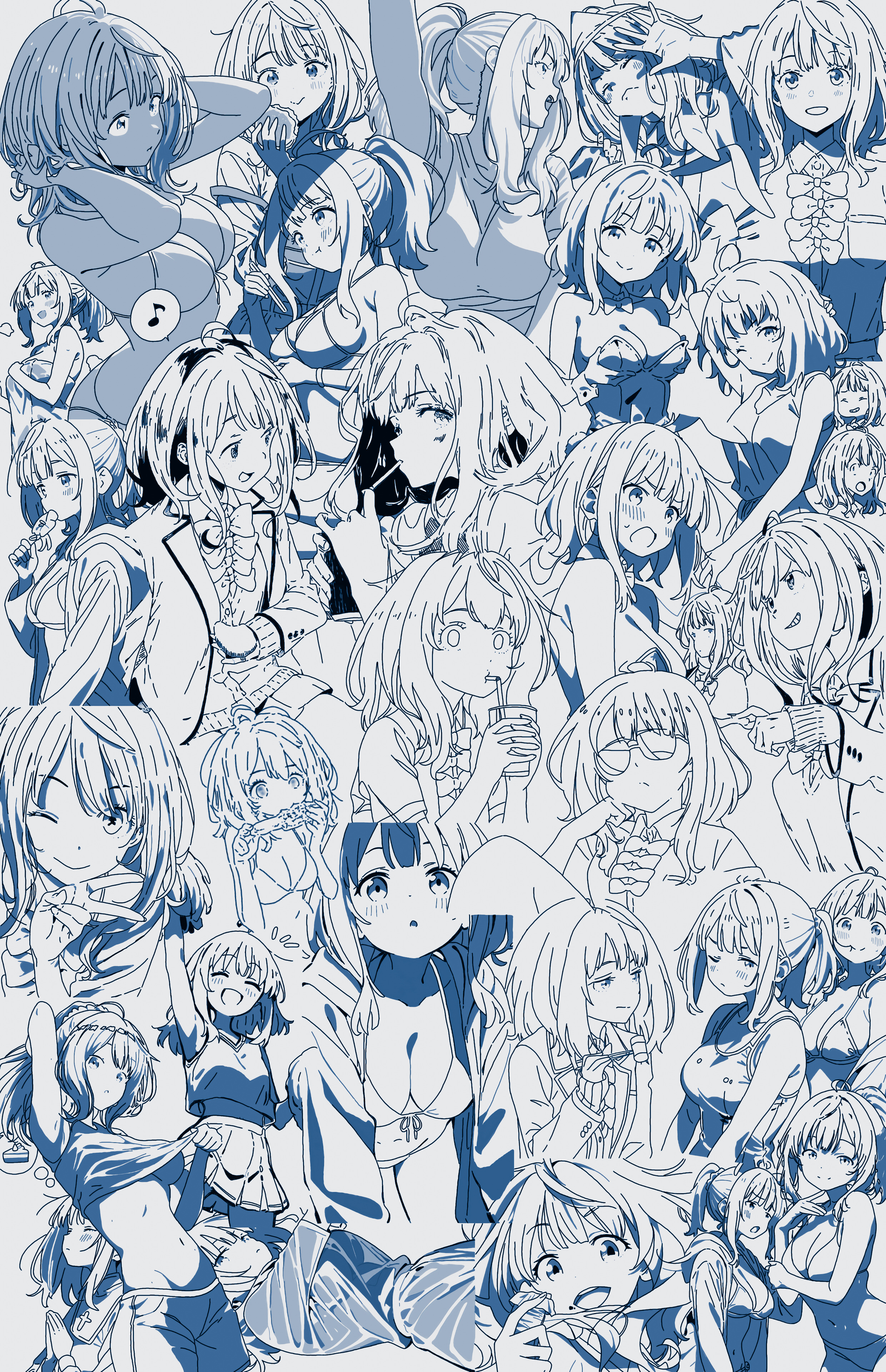 yanami anna, make heroine ga oo sugiru!, absurdres, highres, bikini, breasts, cheerleader, collage, cup, drinking, eating, holding, holding cup, large breasts, lifting own clothes, limited palette, multiple girls, one eye closed, open mouth, smile, surprised, swimsuit, v, wistfulwaffles