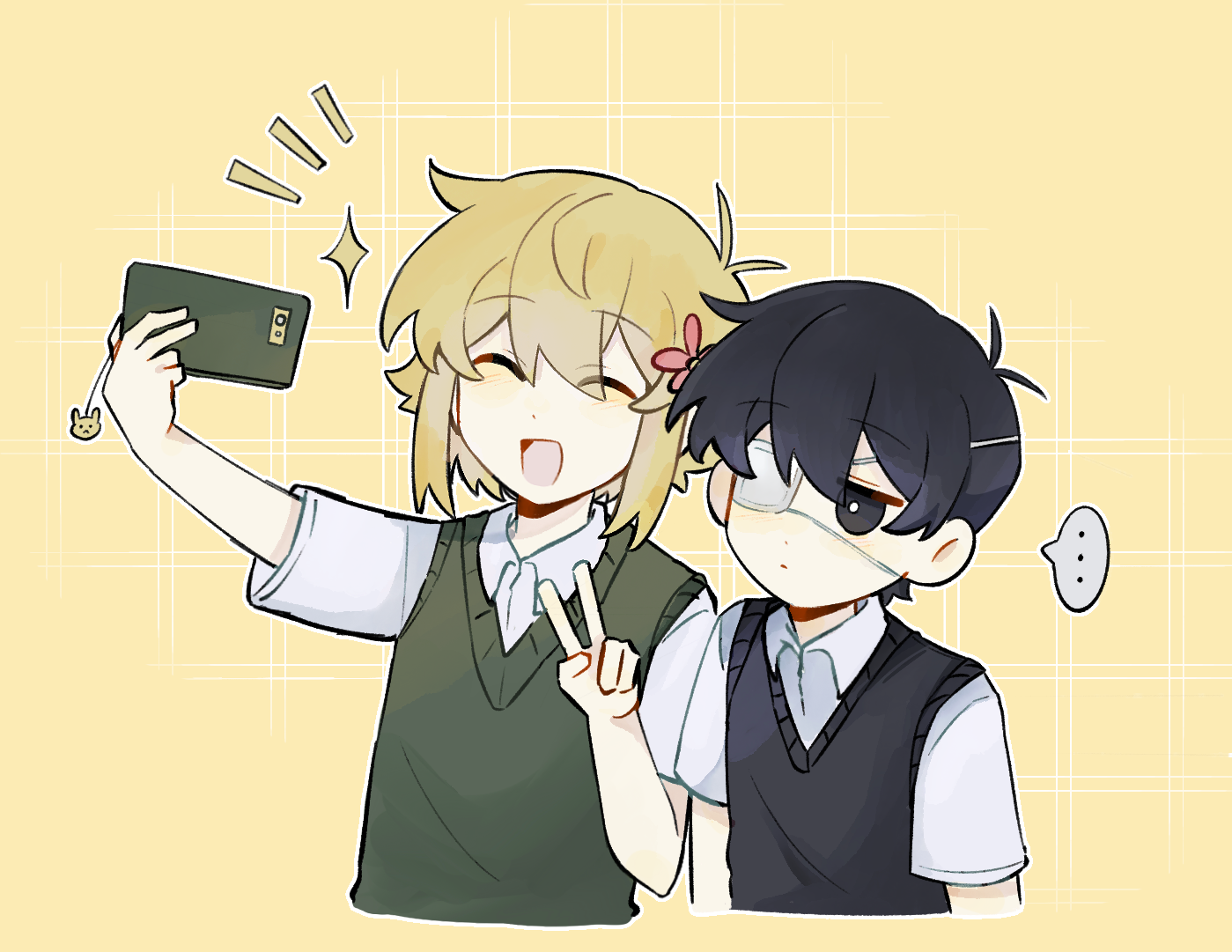 gongs0313, basil (faraway) (omori), basil (omori), sunny (omori), omori, chinese commentary, commentary request, spoilers, …, 2boys, :d, ^ ^, antenna hair, black eyes, black hair, black sweater, blonde hair, blush, bright pupils, cellphone, closed eyes, closed mouth, collared shirt, double-parted bangs, expressionless, eyepatch, flower, green sweater, hair between eyes, hair flower, hair ornament, holding, holding phone, male focus, medical eyepatch, multiple boys, open mouth, outline, phone, selfie, shirt, short hair, short sleeves, simple background, smartphone, smile, speech bubble, spoken ellipsis, sweater, v, white outline, white pupils, white shirt