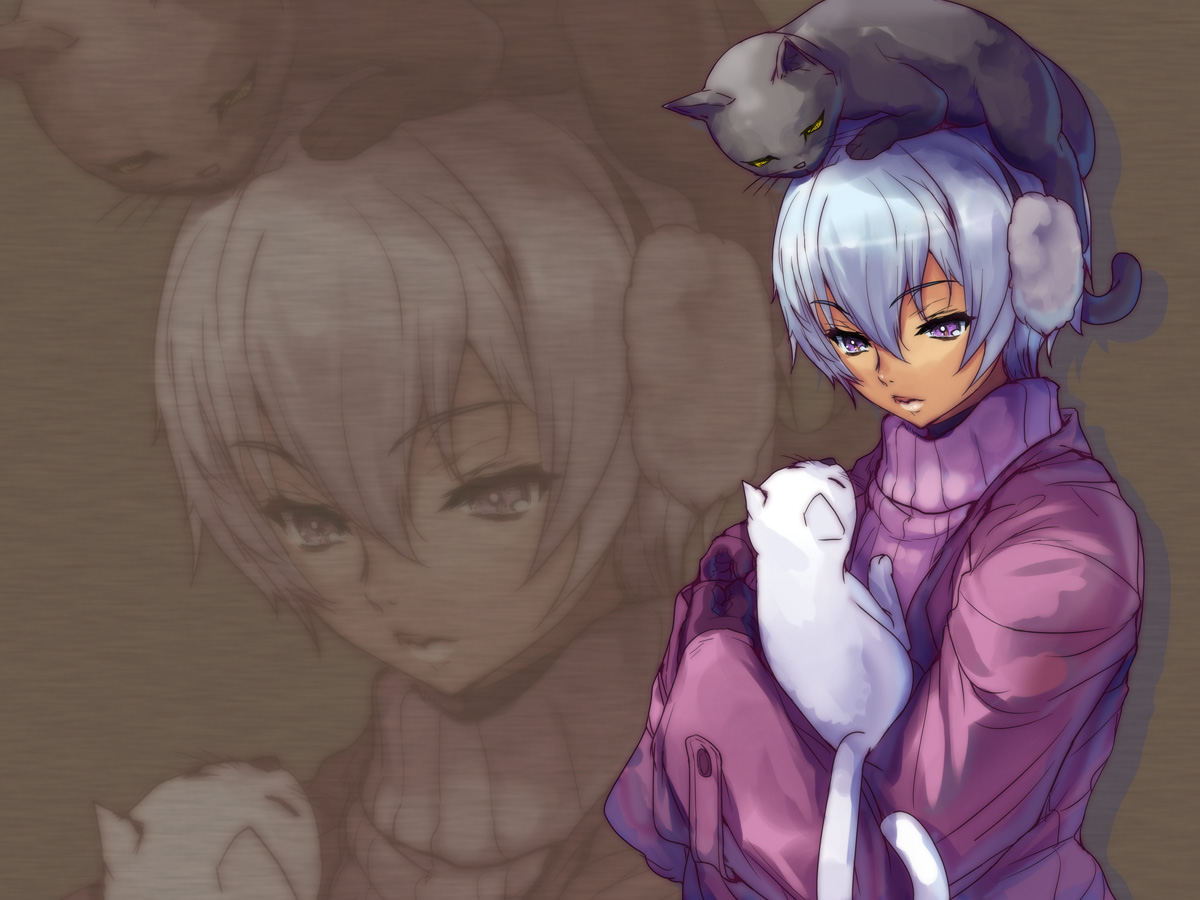 akaga hirotaka, fang assassin irma, irma (queen's blade), queen's blade, 00s, 1girl, blue hair, cat, dark-skinned female, dark skin, earmuffs, female focus, gloves, holding, jacket, looking down, object on head, purple eyes, short hair, solo, sweater, turtleneck, zoom layer