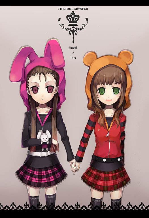 pos (shiratama-ya), minase iori, takatsuki yayoi, idolmaster, idolmaster (classic), 00s, 2girls, alternate hairstyle, animal ears, brown hair, green eyes, holding hands, hood, multiple girls, plaid clothes, plaid skirt, punkish gothic, rabbit, rabbit ears, skirt, stuffed animal, stuffed rabbit, stuffed toy, thighhighs, zettai ryouiki