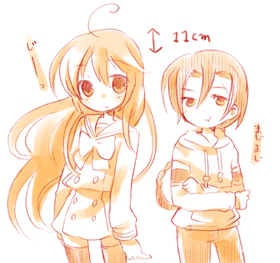 khamsin nbh'w, shana, shakugan no shana, lowres, non-web source, 00s, 1boy, 1girl, :t, ahoge, comparison, hood, hoodie, jealous, long hair, monochrome, orange theme, school uniform, serafuku, short hair, thighhighs