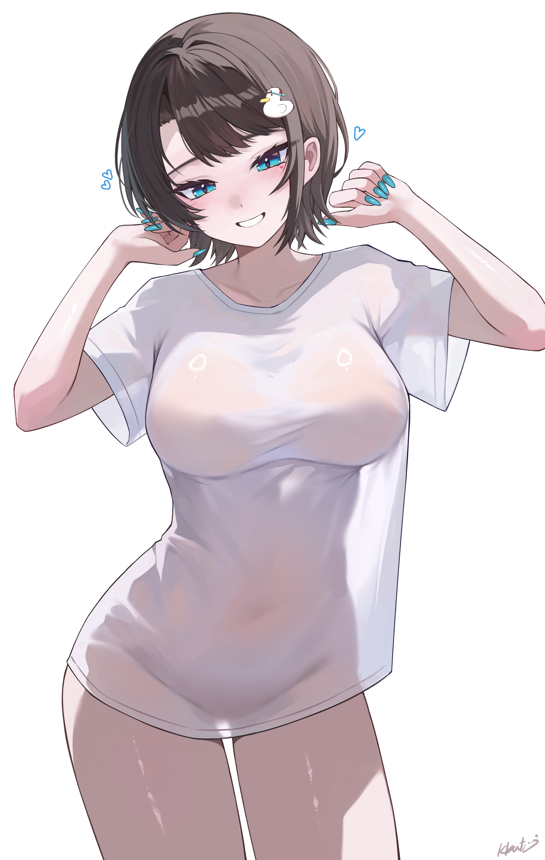 kkato, oozora subaru, subaru duck, hololive, absurdres, commentary request, highres, 1girl, alternate costume, aqua eyes, blue nails, breasts, brown hair, duck hair ornament, grin, hair ornament, hairclip, hands up, large breasts, looking at viewer, nail polish, naked shirt, see-through silhouette, shirt, short hair, simple background, smile, solo, swept bangs, t-shirt, twitter cutting game, virtual youtuber, white background