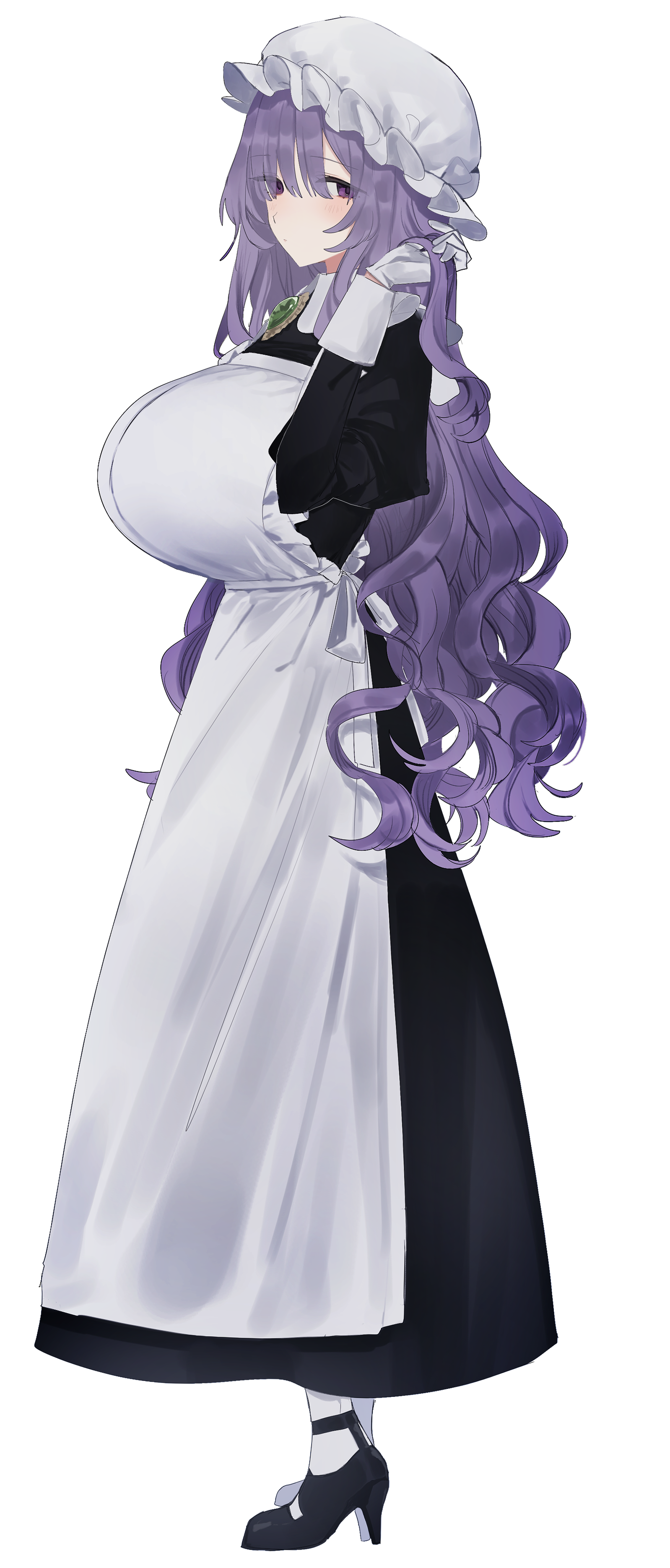 eurasia (wtp09ptw14), francoise (eurasia), original, absurdres, commentary request, highres, 1girl, apron, black dress, black shoes, blush, breasts, brooch, collared dress, dress, frilled apron, frilled headwear, frills, full body, gem, green gemstone, hair over one eye, hand in own hair, hand up, hat, high heels, huge breasts, jewelry, long bangs, long dress, long hair, long sleeves, looking at viewer, maid, maid apron, mob cap, pantyhose, purple eyes, purple hair, shoes, simple background, solo, standing, transparent background, very long hair, white apron, white hat, white pantyhose