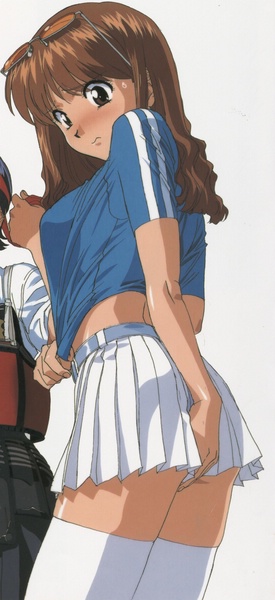 katsura ken'ichirou, asuka (viper), viper (series), viper ctr, cropped, 1girl, blush, brown eyes, brown hair, covering ass, covering privates, miniskirt, skirt, solo focus, thighhighs