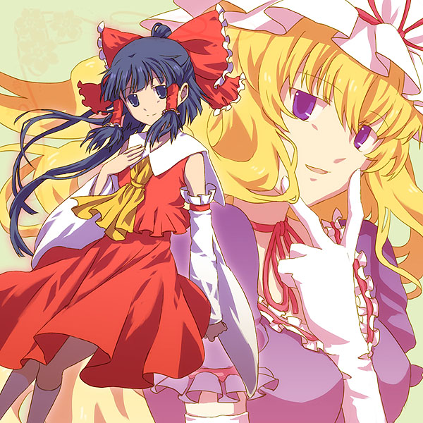 mimana, hakurei reimu, yakumo yukari, touhou, 2girls, blonde hair, blue eyes, blue hair, dress, female focus, long hair, multiple girls, purple eyes, smile