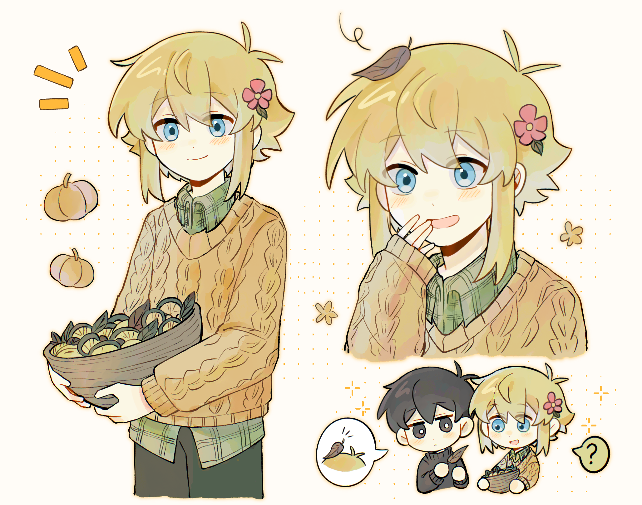 gongs0313, basil (faraway) (omori), basil (omori), sunny (omori), omori, chinese commentary, commentary request, highres, 2boys, :d, ?, antenna hair, black eyes, black hair, black pants, black sweater, blonde hair, blue eyes, blush, bowl, closed mouth, collared shirt, double-parted bangs, flower, green shirt, hair between eyes, hair flower, hair ornament, holding, holding bowl, leaf, leaf on head, looking at another, looking at viewer, male focus, multiple boys, open mouth, pants, plaid clothes, plaid shirt, pumpkin, shirt, short hair, simple background, smile, speech bubble, spoken question mark, sweater