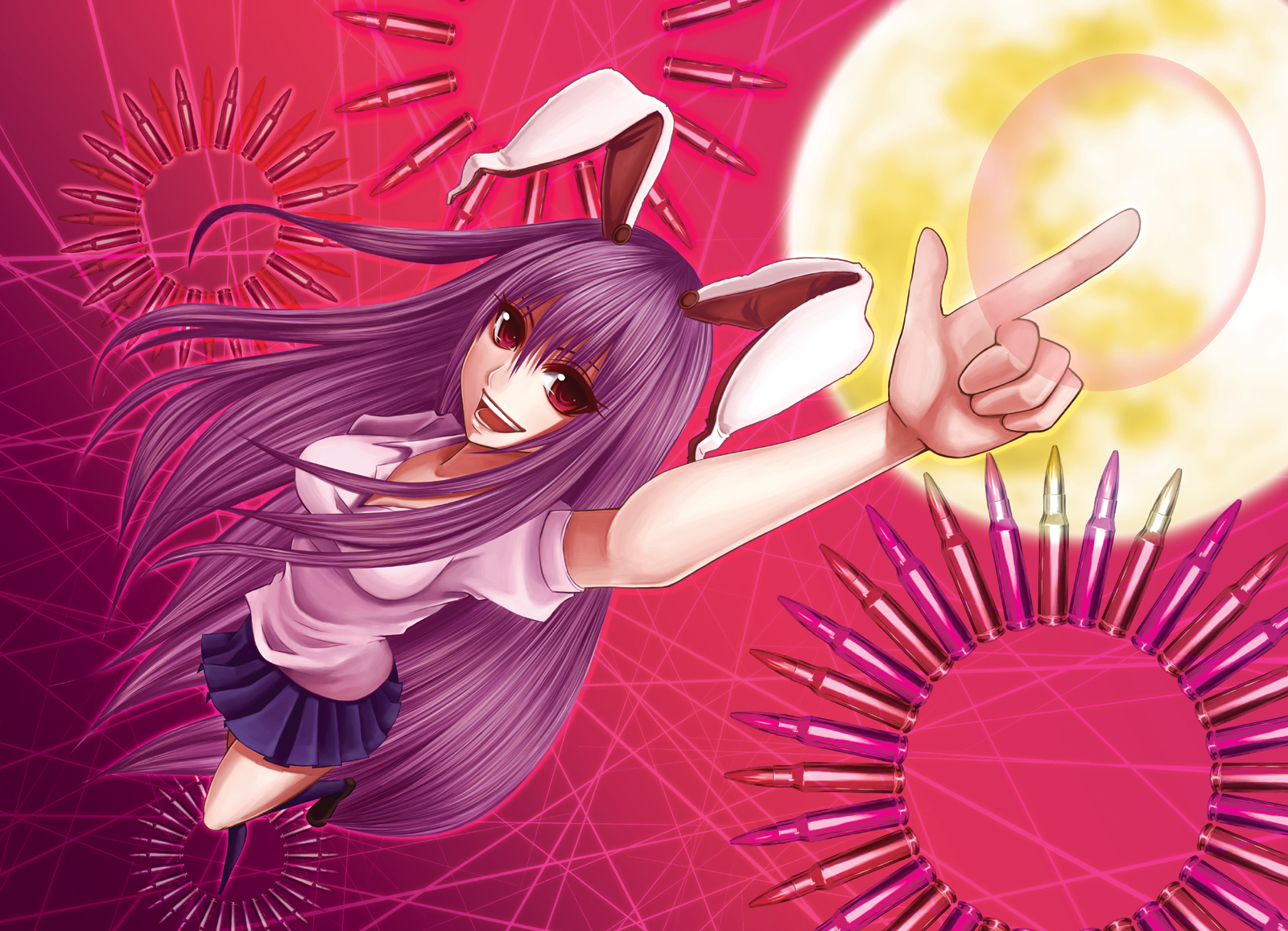 nonoko, yuuka nonoko, reisen udongein inaba, touhou, bad id, bad pixiv id, highres, 1girl, animal ears, breasts, bullet, danmaku, female focus, large breasts, long hair, perspective, pointing, purple hair, rabbit ears, red eyes, skirt, solo, very long hair