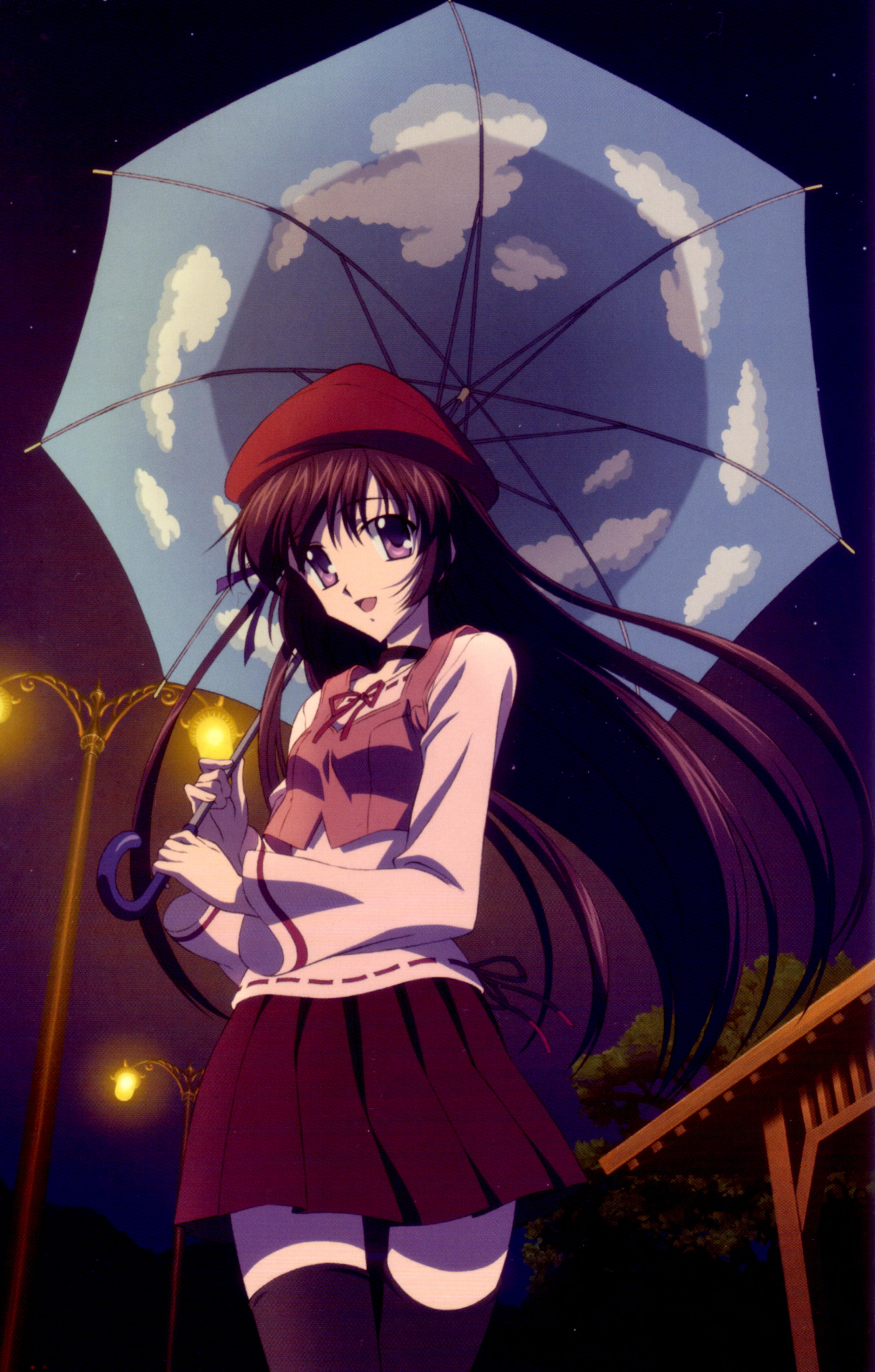 koga makoto, shihou matsuri, sola, absurdres, highres, non-web source, 00s, 1girl, black hair, female focus, hat, lamppost, long hair, night, night sky, purple eyes, ribbon, sky, sky print, solo, star (sky), star (symbol), starry sky, thighhighs, umbrella, very long hair