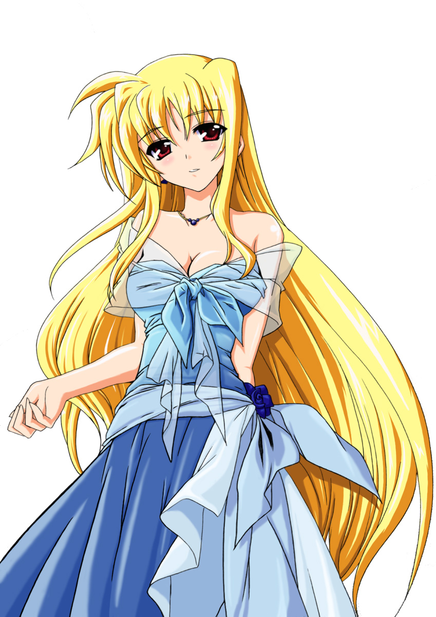 fate testarossa, lyrical nanoha, mahou shoujo lyrical nanoha, mahou shoujo lyrical nanoha strikers, highres, third-party edit, 00s, 1girl, bare shoulders, blonde hair, blush, breasts, choker, cleavage, dress, female focus, long hair, medium breasts, red eyes, solo, strapless, strapless dress, very long hair