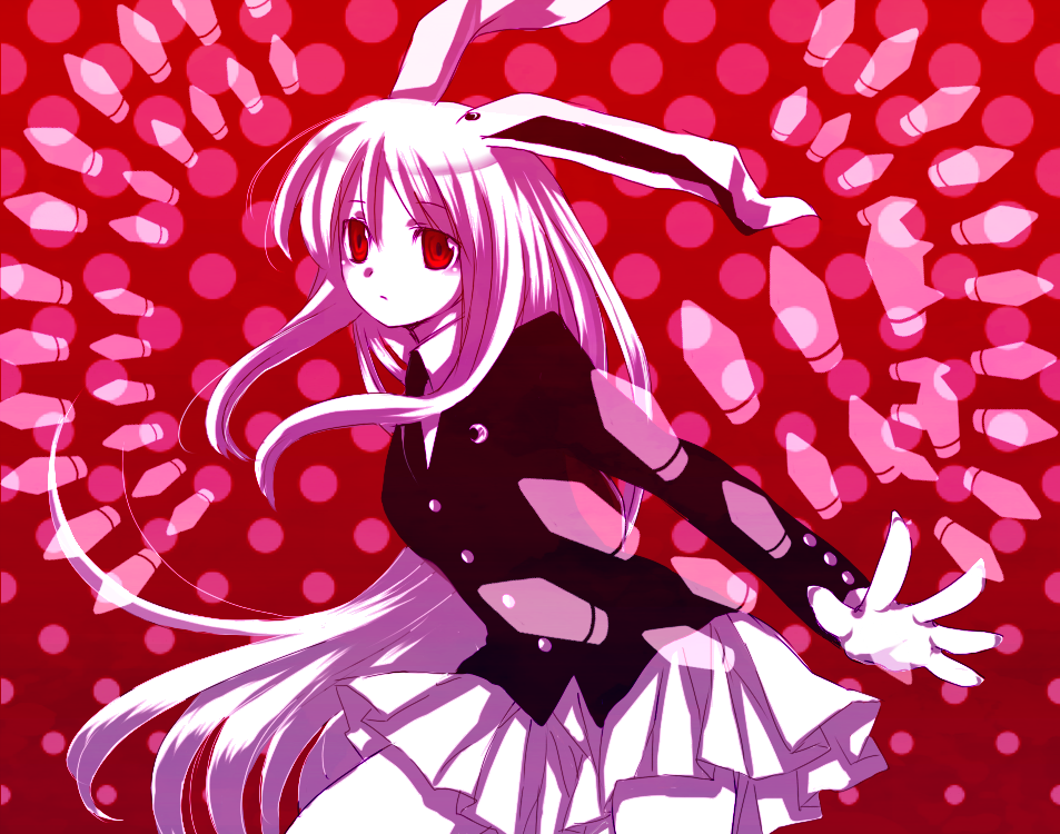 neme, reisen udongein inaba, touhou, bad id, bad pixiv id, 1girl, albino, animal ears, black jacket, closed mouth, collared shirt, cowboy shot, crescent, danmaku, female focus, jacket, long hair, long sleeves, looking at viewer, miniskirt, necktie, pleated skirt, polka dot, polka dot background, rabbit ears, reaching, red background, red eyes, red necktie, shell casing, shirt, skirt, solo, spread fingers, very long hair, white shirt