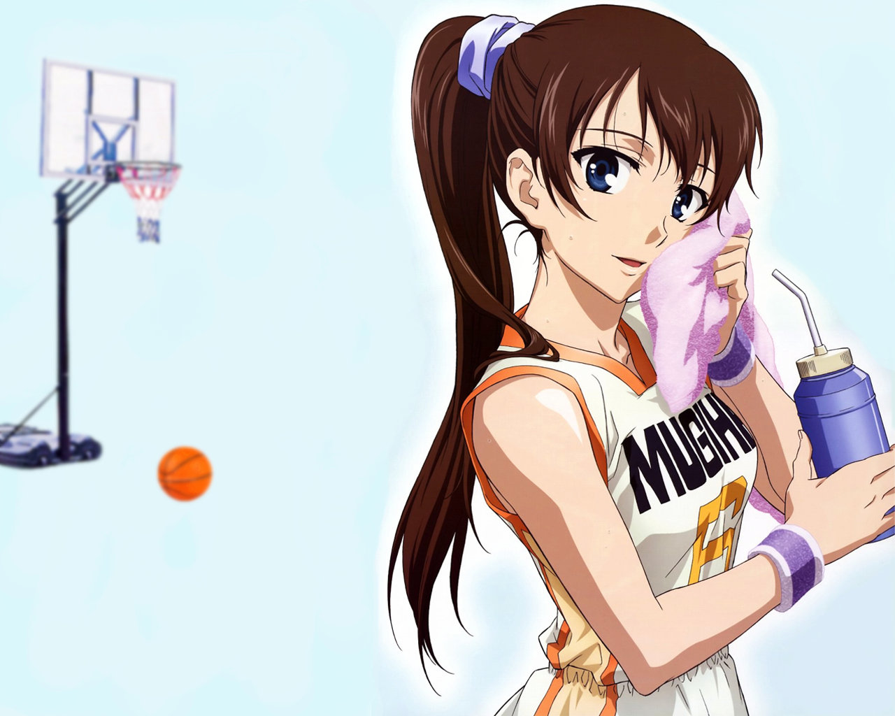 sekiguchi kanami, yuasa hiromi, true tears, non-web source, 00s, 1girl, ball, basketball, basketball (object), basketball uniform, blue eyes, brown hair, clothes writing, female focus, long hair, ponytail, solo, sportswear, towel, wristband