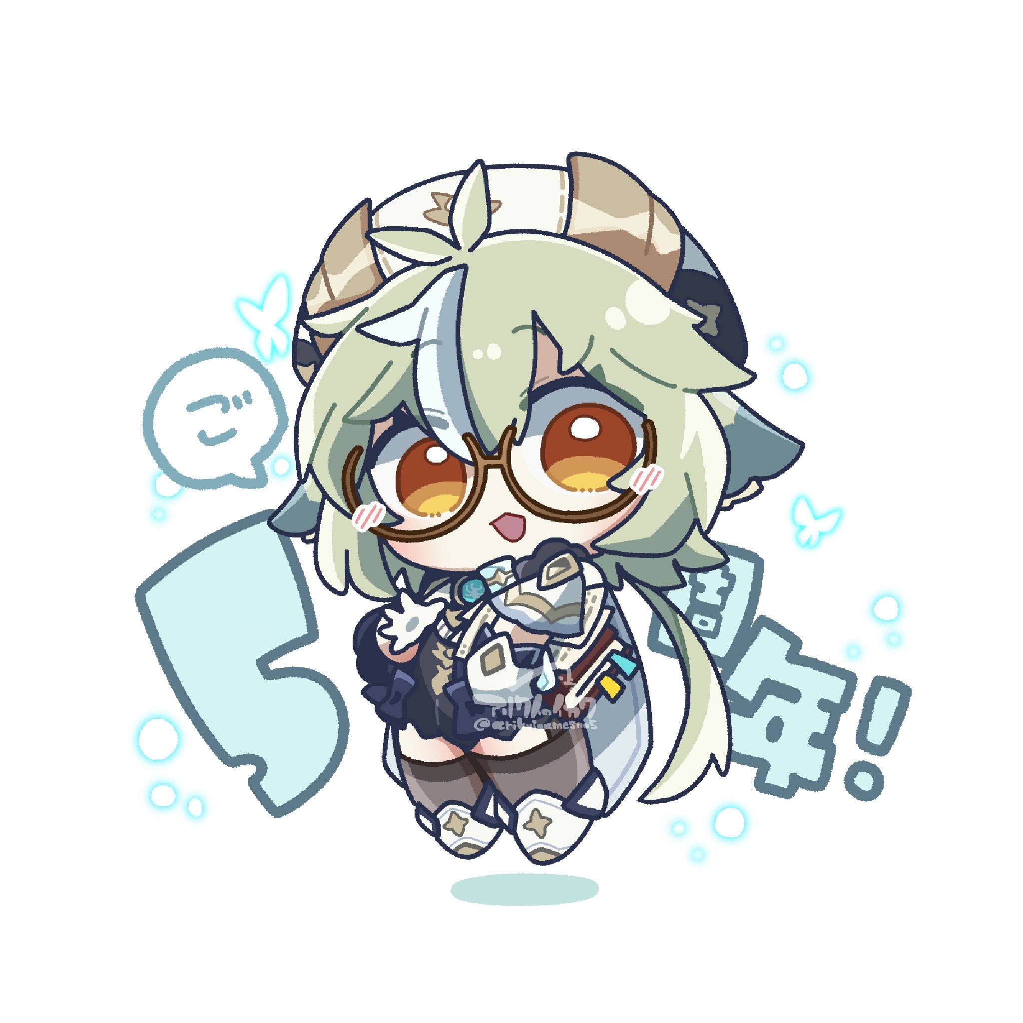 arikuigames1105, sucrose (genshin impact), genshin impact, commentary request, highres, translated, 1girl, :d, anniversary, black socks, blush, brown-framed eyewear, chibi, chibi only, full body, glasses, gloves, green hair, hat, long hair, looking at viewer, open mouth, round eyewear, shoes, short sleeves, simple background, smile, socks, solo, twitter username, white background, white gloves, white hat, white shoes, yellow eyes