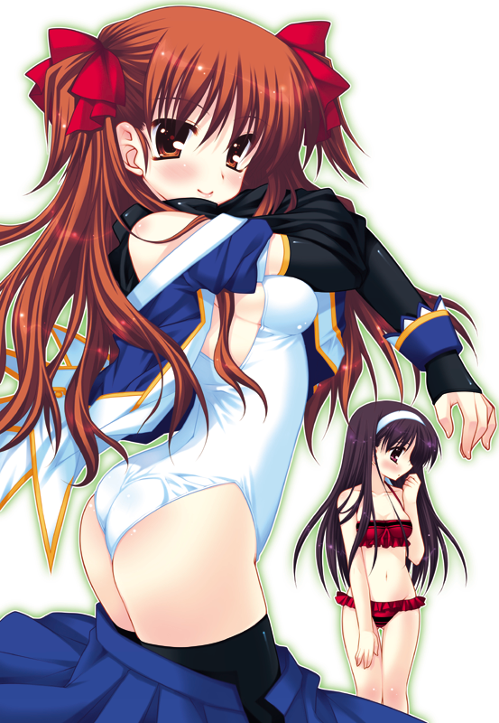 araiguma, morikawa yuki, ogata rina, white album, white album (series), bad id, bad pixiv id, 2girls, ass, bikini, bikini under clothes, breasts, brown eyes, brown hair, hair ribbon, leaf, long hair, multiple girls, one-piece swimsuit, red bikini, ribbon, sideboob, small breasts, swimsuit, swimsuit under clothes, thighhighs, twintails, undressing, white one-piece swimsuit