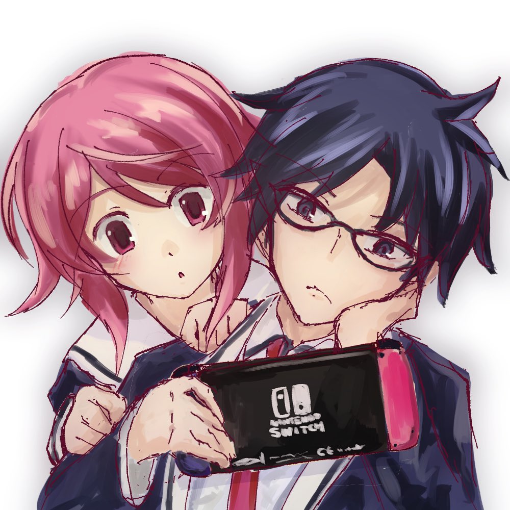 miyashiro takuru, onoe serika, chaos;child, science adventure, 1boy, 1girl, :o, black hair, blush, cheren r, curious, glasses, hekiho academy school uniform, hetero, nintendo switch, pink eyes, pink hair, school uniform, short hair, smile