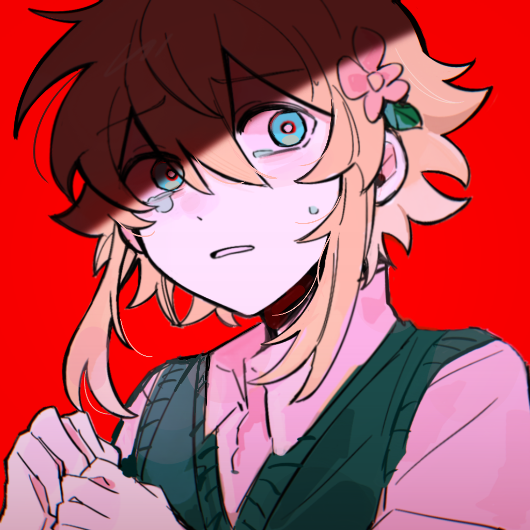 gongs0313, basil (faraway) (omori), basil (omori), omori, commentary, symbol-only commentary, 1boy, blonde hair, blue eyes, collared shirt, crying, crying with eyes open, double-parted bangs, flower, green sweater vest, hair between eyes, hair flower, hair ornament, looking at viewer, male focus, parted lips, red background, shirt, short hair, simple background, solo, sweater vest, tears, white shirt