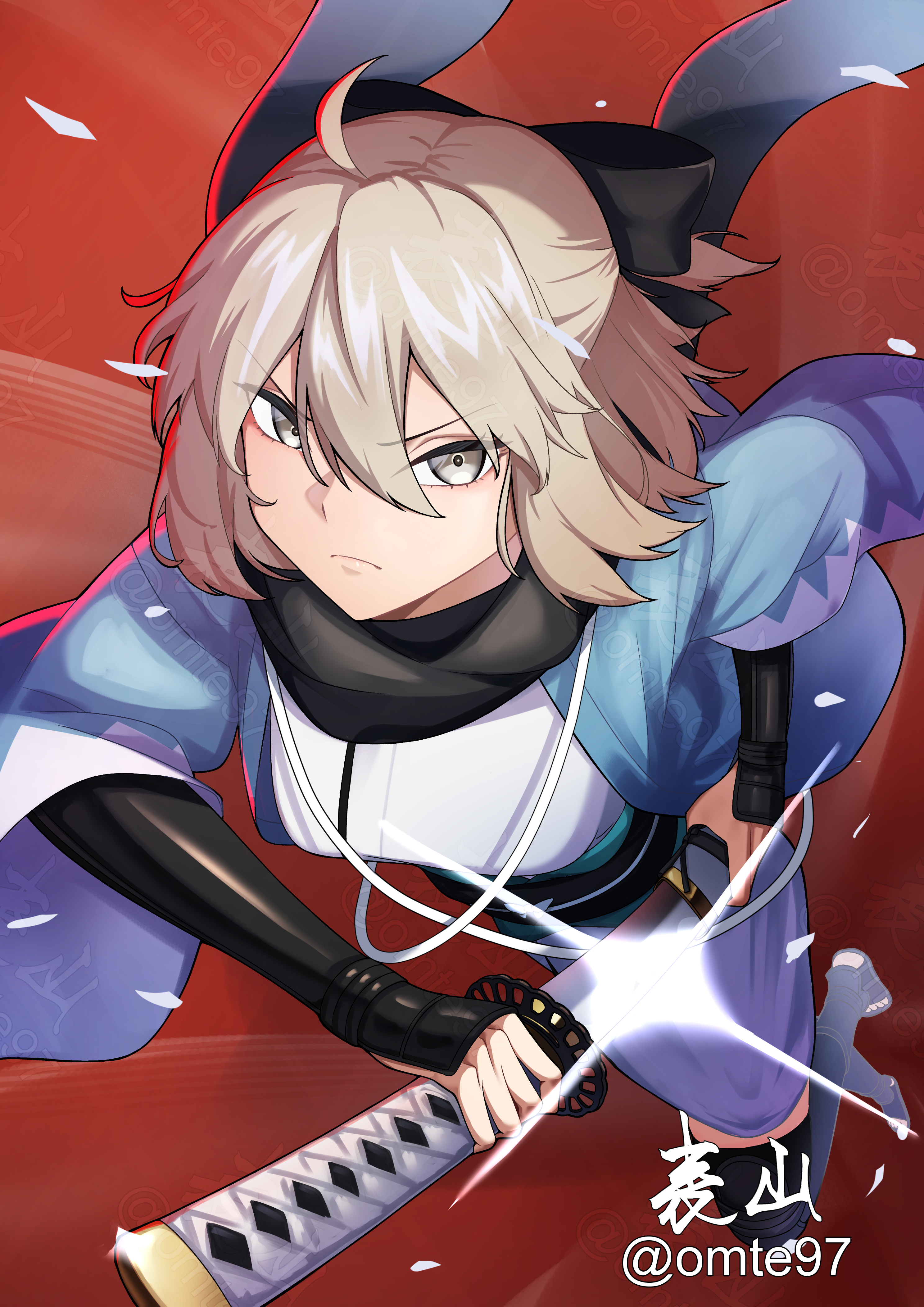 omte97, okita souji (fate), fate/grand order, fate (series), absurdres, highres, 1girl, ahoge, arm guards, black bow, black thighhighs, blonde hair, bow, breasts, detached sleeves, drawing sword, grey eyes, hair bow, half updo, haori, holding, holding sword, holding weapon, japanese clothes, katana, kimono, long sleeves, looking at viewer, medium breasts, obi, okita souji (third ascension) (fate), sash, short hair, short kimono, solo, sword, thighhighs, weapon, white kimono, wide sleeves