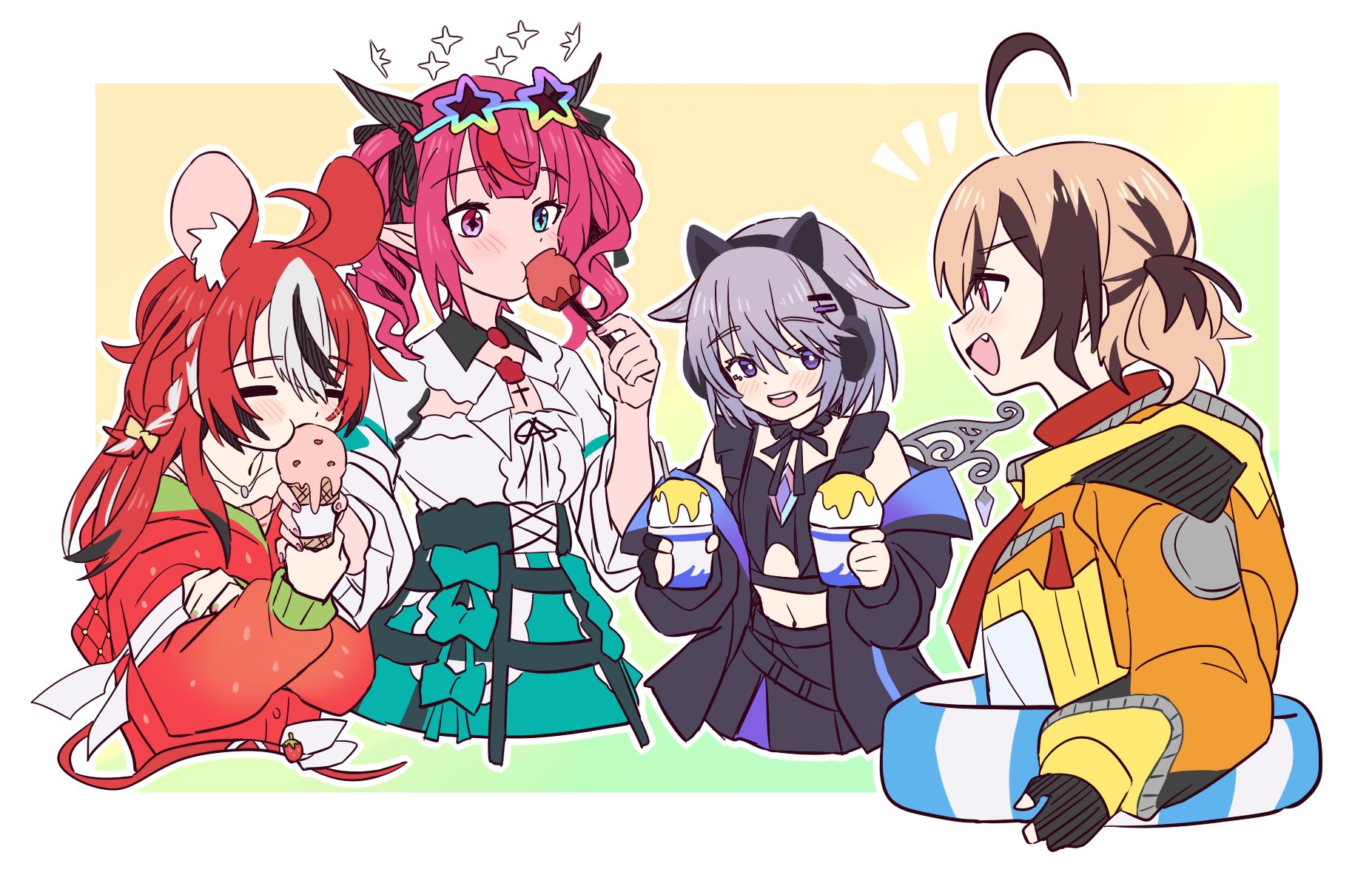 ramphastostella, gigi murin, hakos baelz, irys (hololive), koseki bijou, hololive, hololive english, highres, 4girls, ahoge, animal ears, black hair, blue eyes, brown hair, candy apple, eating, eyewear on head, food, grey hair, heterochromia, holding, holding food, holding ice cream, horns, ice cream, ice cream cone, innertube, long hair, mouse ears, mouse girl, multicolored hair, multiple girls, pink eyes, pointy ears, purple eyes, red hair, short hair, smile, streaked hair, swim ring, twintails, two-tone hair, virtual youtuber, white hair