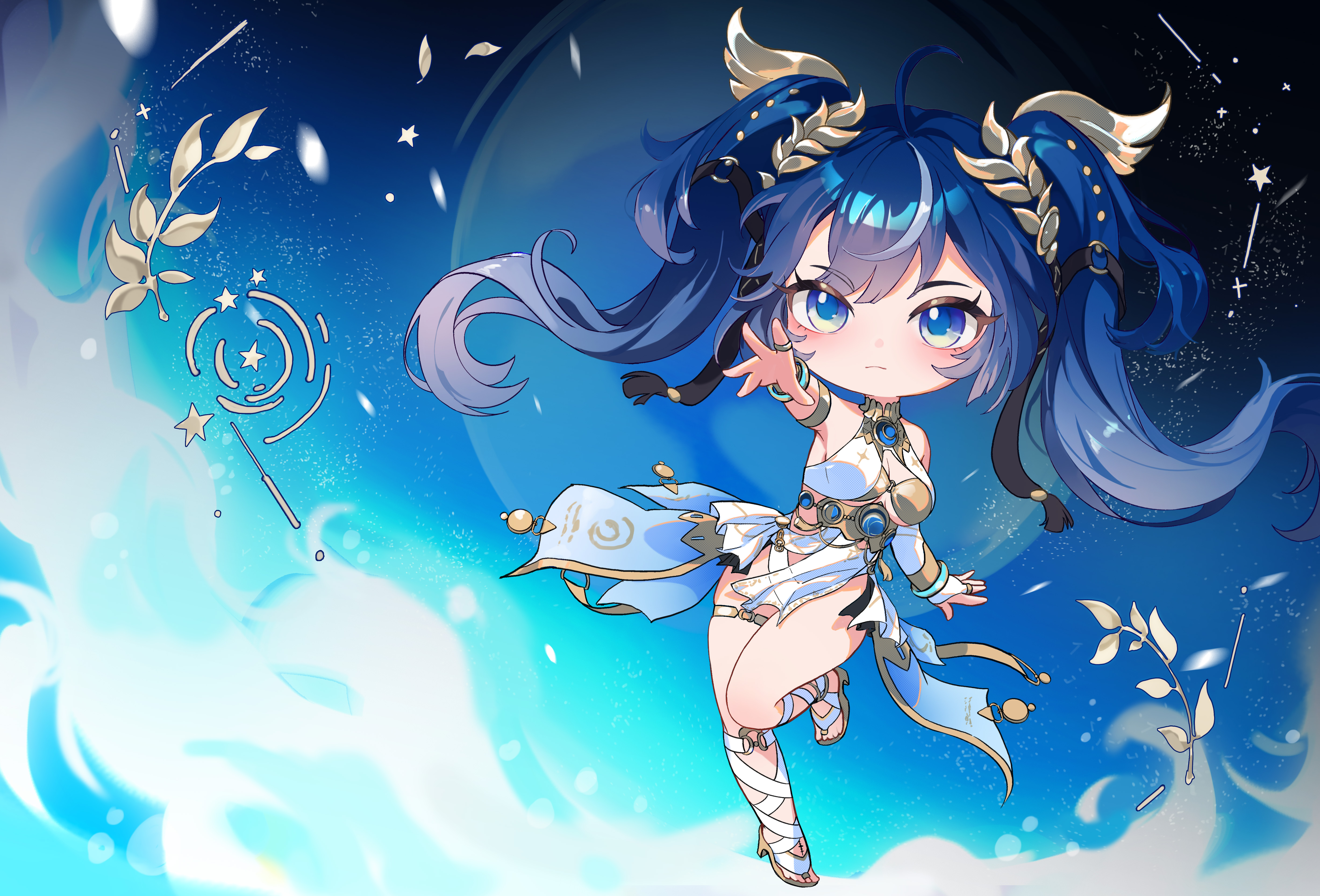 gozero, iuno (wuthering waves), wuthering waves, absurdres, commentary, derivative work, highres, 1girl, ahoge, ancient greek clothes, armlet, bare shoulders, black skirt, blue eyes, blue hair, breasts, gladiator sandals, gold bra, gradient hair, greco-roman clothes, hair belt, jewelry, laurel crown, long hair, medium breasts, multicolored hair, sandals, showgirl skirt, skirt, solo, streaked hair, tacet mark (wuthering waves), thighlet, thighs, twintails