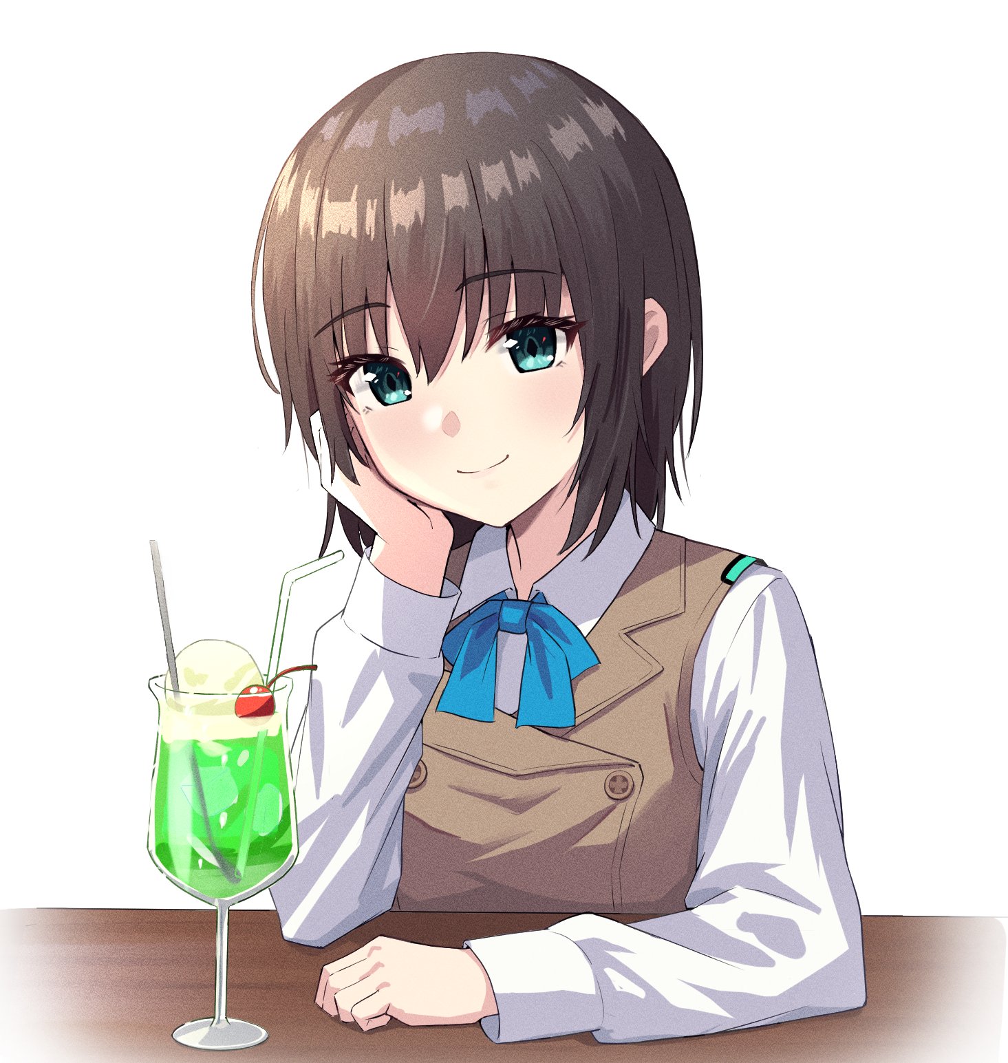 mok kan, aoi erika, heaven burns red, highres, 1girl, aqua eyes, black hair, blue bow, blue bowtie, blue ribbon, blush, bow, bowtie, brown hair, brown vest, cherry, clenched hand, closed mouth, collared shirt, cup, drink, drinking glass, drinking straw, eyelashes, eyes visible through hair, food, fruit, green eyes, hair between eyes, hand on own cheek, hand on own face, head rest, ice cream, ice cream float, long sleeves, looking at viewer, medium hair, ribbon, school uniform, shirt, short hair, smile, solo, upper body, vest, white shirt
