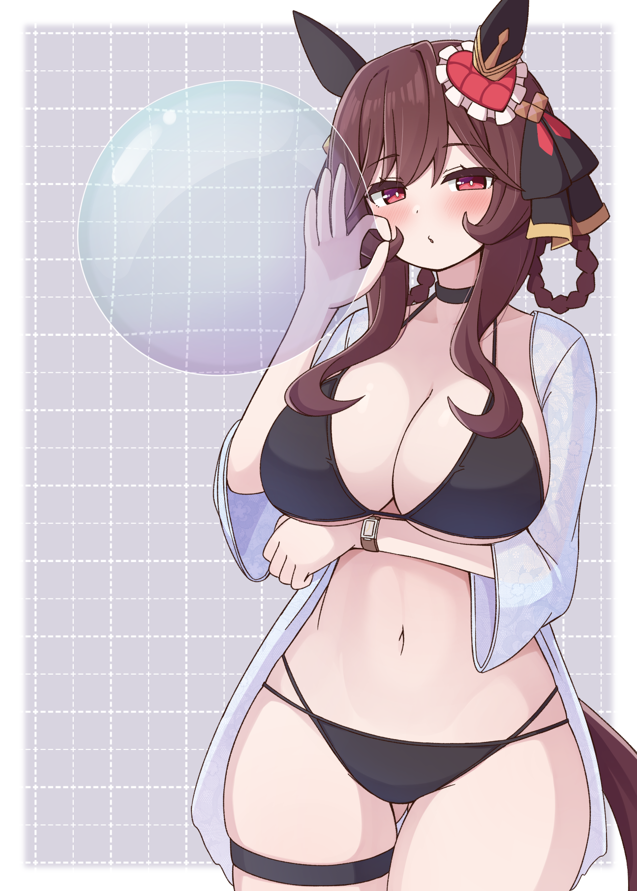 nepty (silkey vod), gentildonna (umamusume), umamusume, commentary request, commission, highres, pixiv commission, 1girl, arm under breasts, bikini, black bikini, black choker, blowing bubbles, blush, braid, braided hair rings, breasts, brown hair, bubble, choker, cleavage, ear covers, ear ornament, gluteal fold, hair rings, heart ear ornament, horse girl, large breasts, long hair, looking at viewer, navel, ok sign, open clothes, open mouth, open shirt, shirt, sidelocks, solo, stomach, swimsuit, thigh strap, thighs, three-quarter sleeves, white shirt
