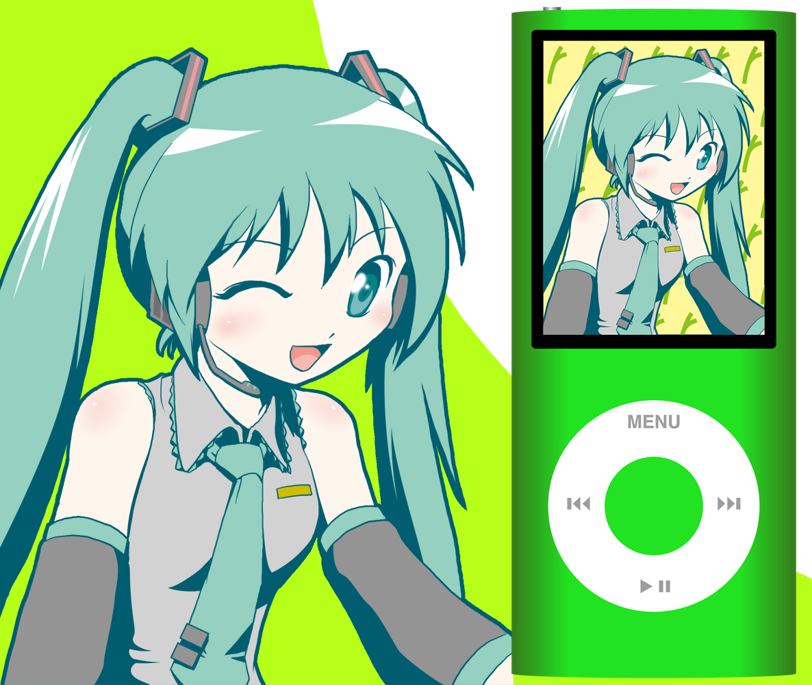 yagi gojou, yagigojou (artist), hatsune miku, vocaloid, 1girl, detached sleeves, digital media player, female focus, green eyes, green hair, headphones, ipod, ipod nano, ipod nano 4g, long hair, matching hair/eyes, necktie, skirt, solo, twintails