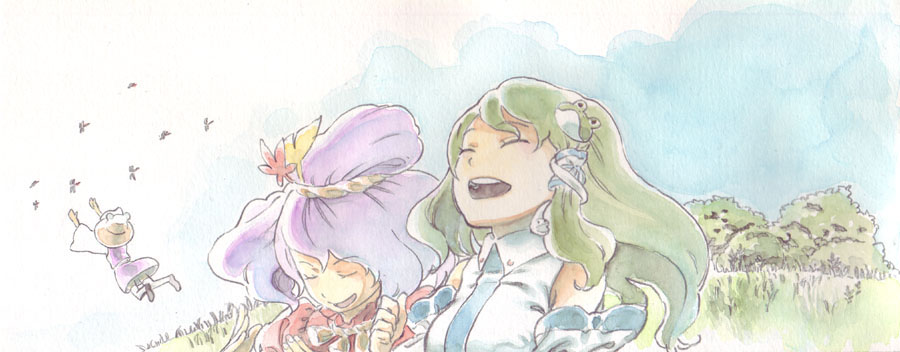 aka renga, raian, kochiya sanae, moriya suwako, yasaka kanako, touhou, traditional media, 3girls, female focus, jumping, laughing, multiple girls, outdoors