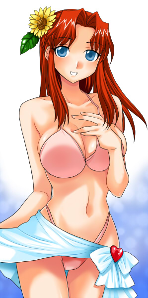 tooru jin, flay allster, gundam, gundam seed, 00s, 1girl, bikini, blue eyes, breasts, cleavage, clothes lift, female focus, flower, large breasts, long hair, pink bikini, red hair, sarong, sarong lift, solo, sunflower, swimsuit