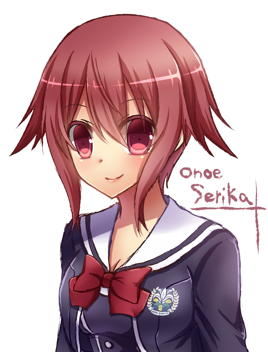 nishijou myu, onoe serika, chaos;child, science adventure, shiny lips, highres, 1girl, blush, bow, character name, closed mouth, collarbone, hair between eyes, long hair, long sleeves, looking at viewer, pink eyes, pink hair, red bow, sailor collar, school uniform, short hair, simple background, smile, solo, upper body, white background