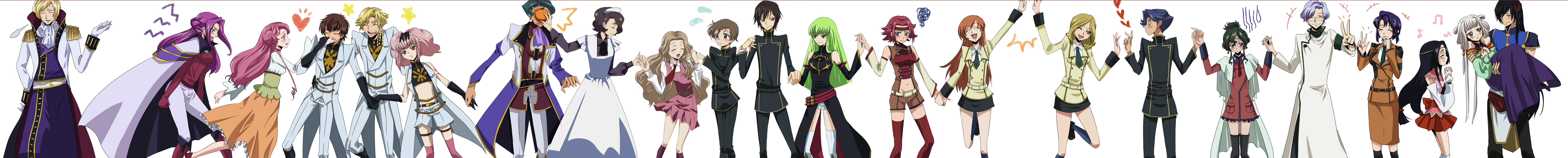 freckle, furekuru (freckle), anya alstreim, c.c., cecile croomy, cornelia li britannia, euphemia li britannia, gino weinberg, jeremiah gottwald, kouzuki kallen, kururugi suzaku, lelouch vi britannia, li xingke, lloyd asplund, milly ashford, nina einstein, nunnally vi britannia, rivalz cardemonde, rolo lamperouge, schneizel el britannia, shinozaki sayoko, shirley fenette, sumeragi kaguya, tianzi, code geass, absurdres, bad id, bad pixiv id, highres, long image, wide image, 00s, 6+boys, 6+girls, angry, bare shoulders, belt, black hair, blonde hair, blue eyes, blush, cape, closed eyes, cousins, detached sleeves, dress, everyone, food, fruit, glasses, green hair, hairband, headband, holding hands, maid, midriff, military, military uniform, multiple boys, multiple girls, one eye closed, orange (fruit), orange hair, pink eyes, pink hair, purple eyes, purple hair, school uniform, serafuku, short hair, sleeveless, sleeveless turtleneck, thighhighs, turtleneck, v, white hair, wink, yellow eyes, zettai ryouiki