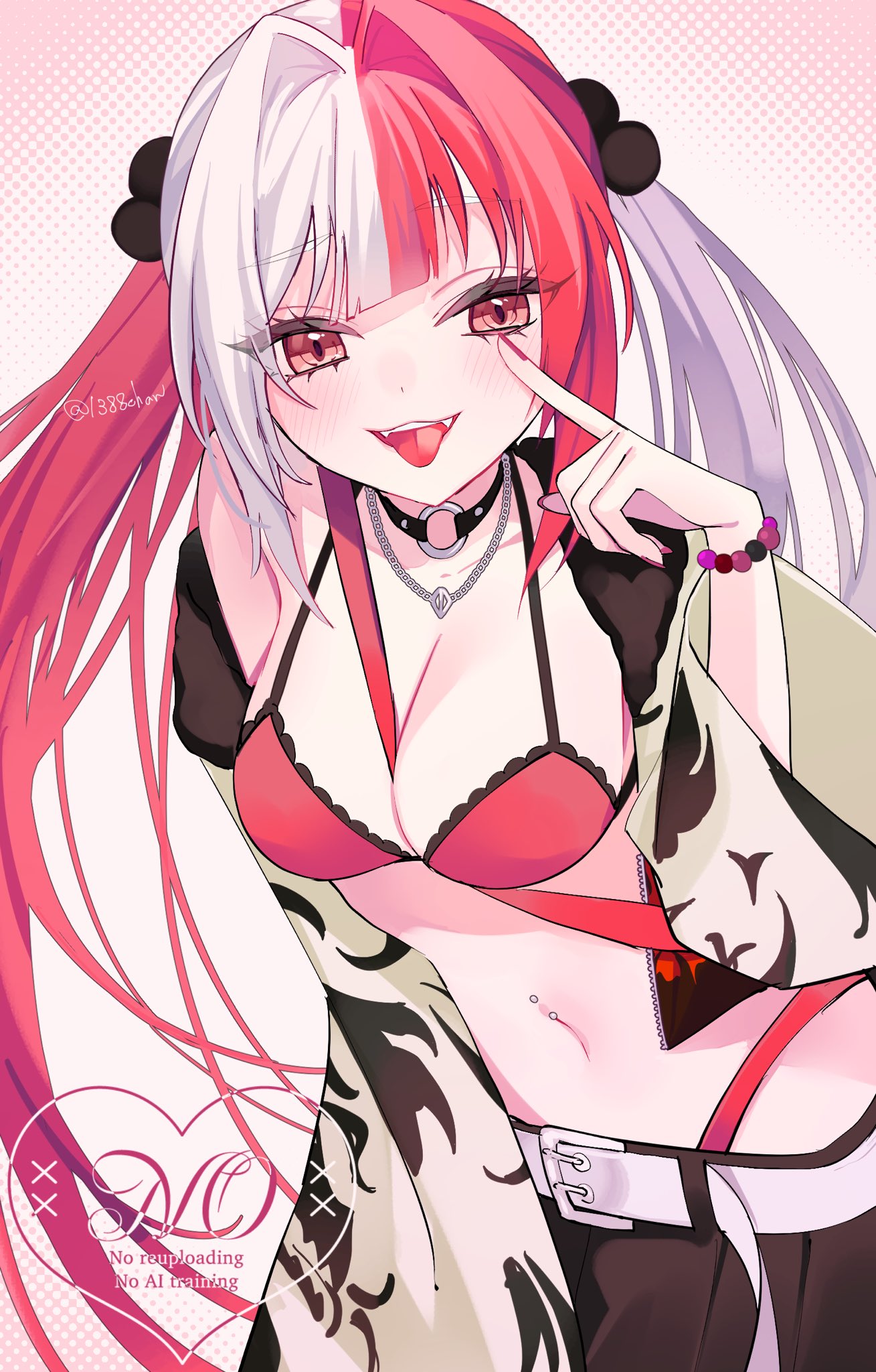1388chan, matsunaga hitsuhide (fate), fate/grand order, fate (series), highres, 1girl, belt, black skirt, blush, bra, breasts, brown eyes, choker, cleavage, fur collar, hair bobbles, hair ornament, highleg, highleg panties, jacket, jewelry, long hair, long sleeves, looking at viewer, medium breasts, multicolored hair, navel, necklace, open mouth, panties, red bra, red hair, red jacket, red panties, skirt, smile, solo, split-color hair, tongue, tongue out, twintails, underwear, white hair, white sleeves, wide sleeves