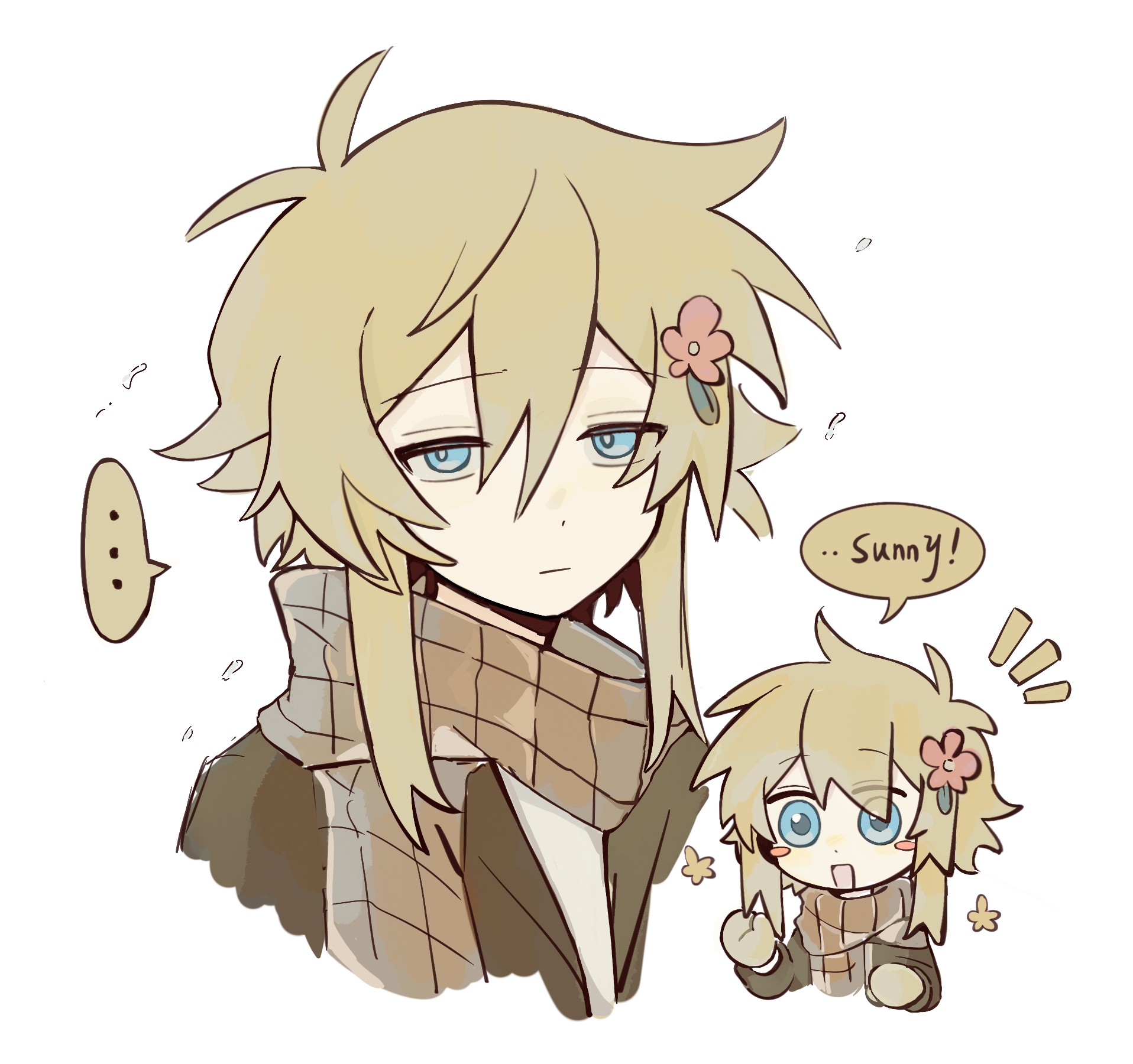 gongs0313, basil (faraway) (omori), basil (omori), omori, highres, …, 1boy, alternate costume, antenna hair, blonde hair, blue eyes, blush, brown coat, brown scarf, closed mouth, coat, double-parted bangs, flower, hair between eyes, hair flower, hair ornament, long sleeves, looking at viewer, male focus, mittens, multiple views, open mouth, scarf, short hair, simple background, smile, speech bubble, spoken ellipsis