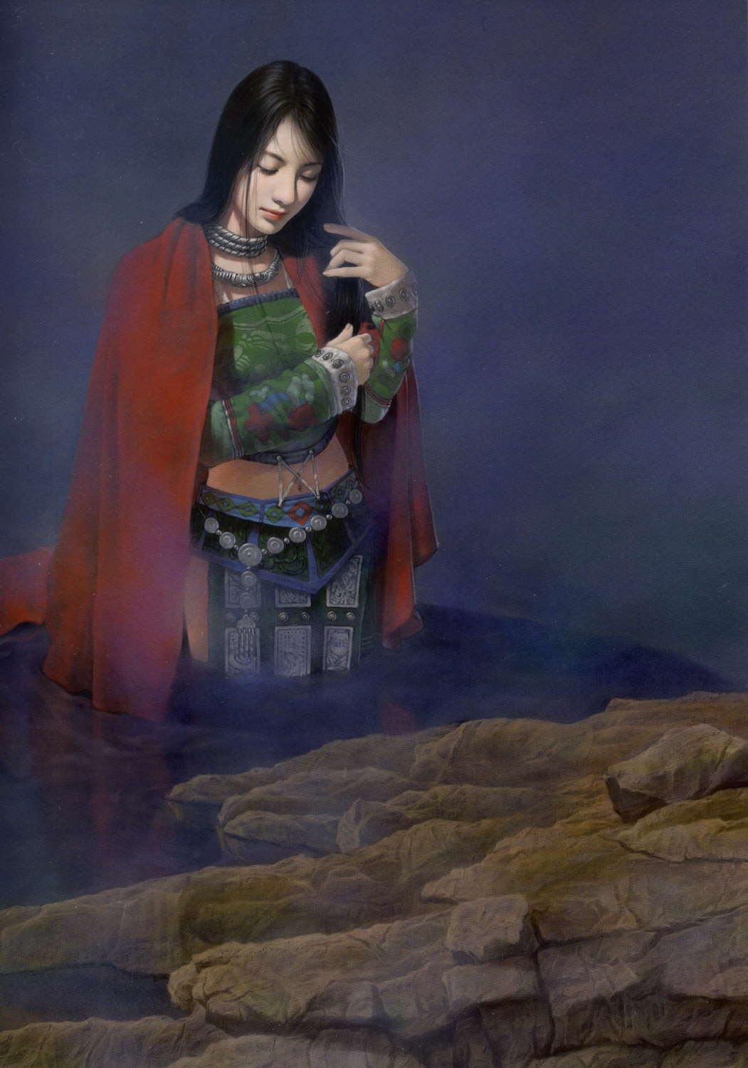 chen shu fen, highres, 1girl, black hair, cape, closed eyes, female focus, jewelry, long hair, long sleeves, navel, necklace, partially submerged, realistic, solo, standing, wading, water