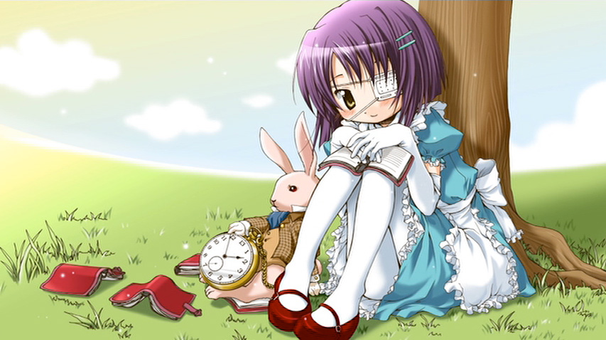 aoki ume, shindou chihiro, white rabbit (alice in wonderland), alice's adventures in wonderland, ef (visual novel), end card, 00s, 1girl, apron, book, eyepatch, female focus, hair ornament, hairclip, mary janes, pantyhose, pocket watch, purple hair, rabbit, shoes, smile, solo, tree, watch, white pantyhose