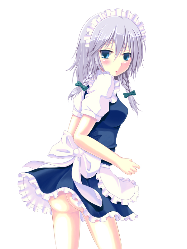 kureha (lia0117), popi (pixiv), ru (pixiv), vi (ena0930), izayoi sakuya, touhou, silver hair, bad id, bad pixiv id, colorized, 1girl, ass, blush, bow, braid, breasts, female focus, hair ribbon, maid, no panties, ribbon, short hair, solo, twin braids
