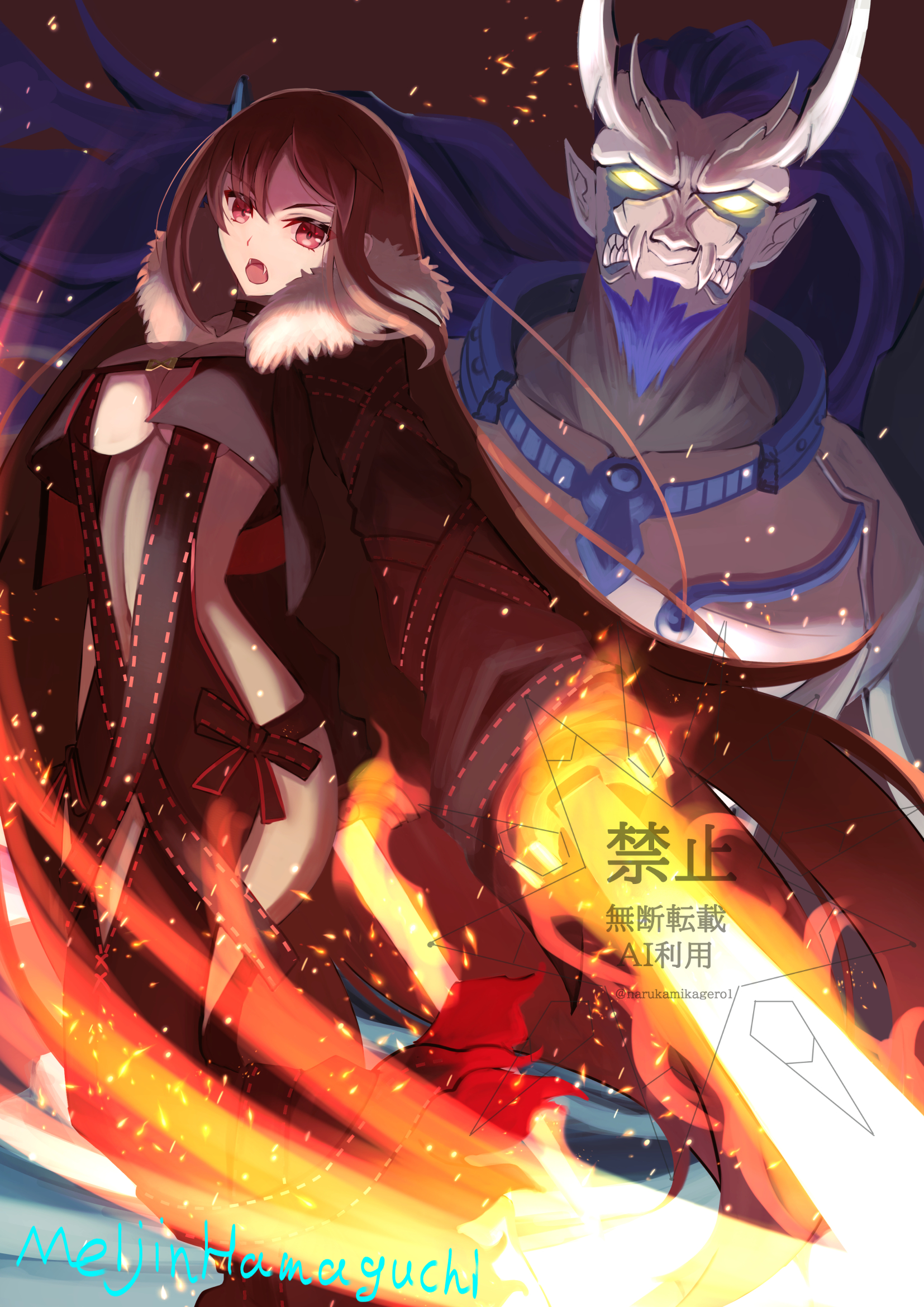 narukamikagerou, xiang yu (fate), yu mei-ren (fate), yu mei-ren (third ascension) (fate), fate/grand order, fate (series), highres, 1boy, 1girl, bare shoulders, black dress, black gloves, black jacket, blue hair, breasts, brown hair, center opening, choker, cleavage, cropped jacket, dress, elbow gloves, fangs, fire, flaming sword, flaming weapon, fur-trimmed jacket, fur trim, gloves, glowing, glowing eyes, jacket, large breasts, long hair, looking at viewer, navel, open clothes, open jacket, open mouth, pointy ears, red eyes, ribbon-trimmed dress, ribbon trim, sword, very long hair, weapon, yellow eyes