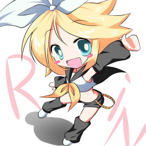 haiiro (immature), kagamine rin, vocaloid, lowres, blonde hair, blue eyes, blush, chibi, detached sleeves, ribbon, short hair, shorts, solo