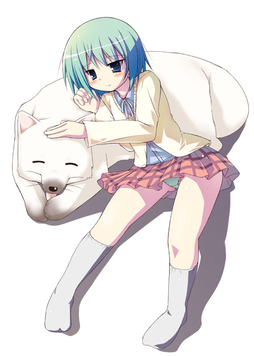 tekehiro, cherry (lucky star), iwasaki minami, lucky star, 00s, dog, green hair, panties, short hair, skirt, socks, solo, underwear