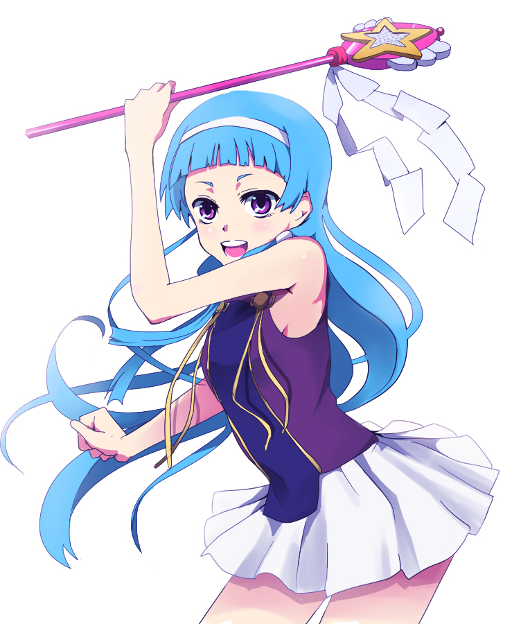 kasai shin, nagi, kannagi, bad id, bad pixiv id, 00s, 1girl, blue hair, blunt bangs, female focus, hairband, long hair, open mouth, pleated skirt, purple eyes, skirt, smile, solo, wand, white skirt
