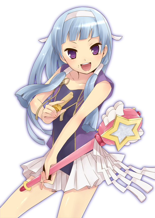 hijiki (hijikini), hijikini, nagi, kannagi, bad id, bad pixiv id, 00s, 1girl, blue hair, blunt bangs, female focus, hair tubes, long hair, pleated skirt, skirt, solo, wand, white skirt