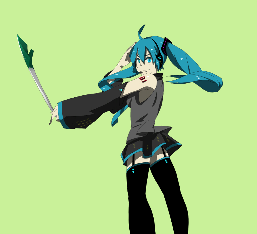 ao (aohari), ao (artist), hatsune miku, vocaloid, bad id, bad pixiv id, 1girl, blue eyes, blue hair, detached sleeves, female focus, headphones, matching hair/eyes, microphone, solo, spring onion, tattoo, thighhighs, twintails, zettai ryouiki