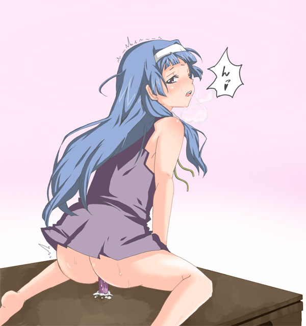 yukko don, yunodon (sugar maple), nagi, kannagi, bad id, bad pixiv id, 00s, 1girl, ass, blue hair, blunt bangs, female focus, female masturbation, gradient background, long hair, masturbation, solo, text focus, vaginal, wet