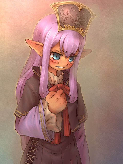 sankuma, elvaan, prishe, final fantasy, final fantasy xi, 00s, 1girl, clenched hand, elf, female focus, gradient background, hat, long hair, pointy ears, purple hair, solo, tears