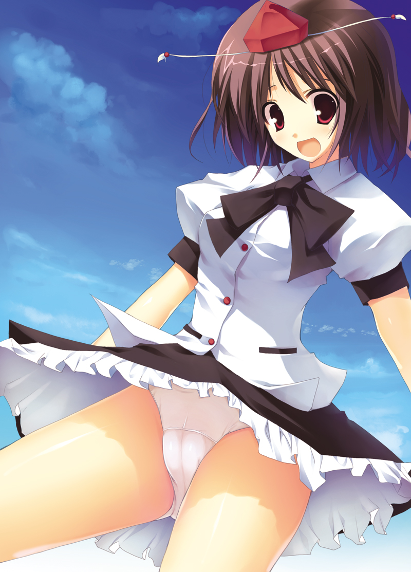 rikudou inuhiko, shameimaru aya, touhou, 1girl, black bow, black bowtie, blouse, bow, bowtie, brown hair, cameltoe, clothes lift, cowboy shot, day, female focus, flying, hat, looking at viewer, miniskirt, open mouth, panties, pantyshot, red eyes, red hat, ribbon, shirt, short hair, skirt, skirt lift, sky, smile, solo, underwear, upskirt, white shirt