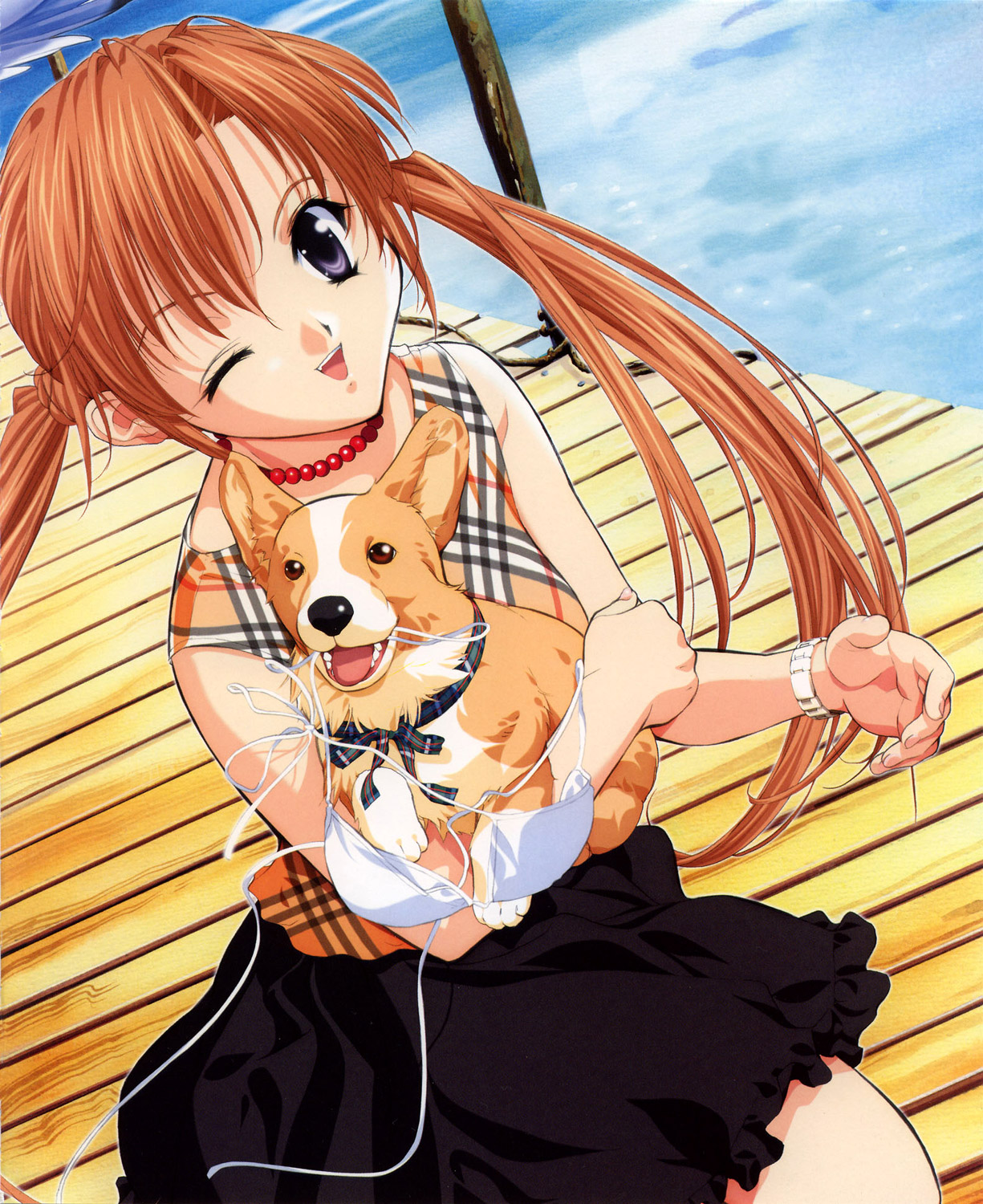 sakuya (sister princess), sister princess, plaid, highres, 00s, blue eyes, brown hair, dog, jewelry, necklace, one eye closed, skirt, solo, twintails, welsh corgi, wink